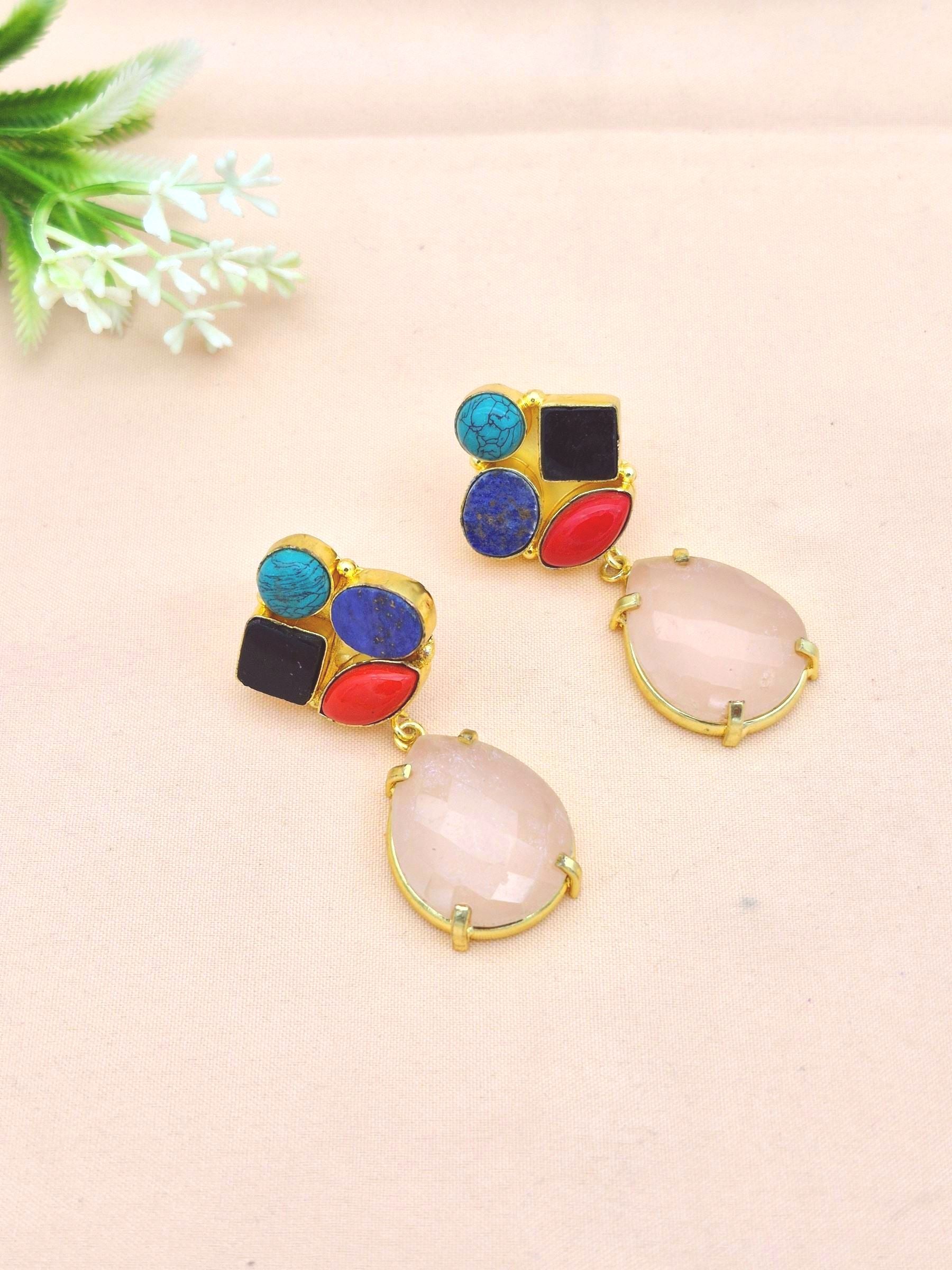 Amazing Gold Plated Dangle Earrings –Multi Color Semi Precious Stone Jewelry