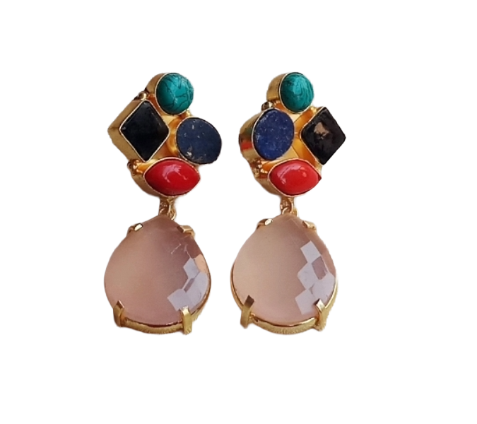 Amazing Gold Plated Dangle Earrings –Multi Color Semi Precious Stone Jewelry