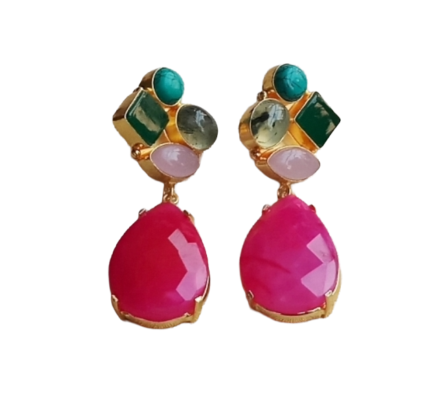 Amazing Gold Plated Dangle Earrings –Multi Color Semi Precious Stone Jewelry