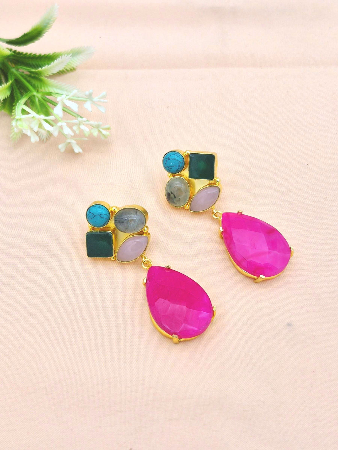 Amazing Gold Plated Dangle Earrings –Multi Color Semi Precious Stone Jewelry