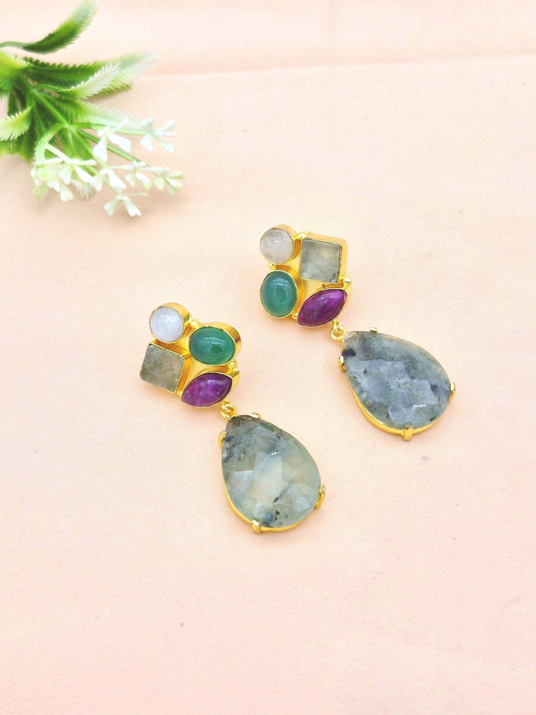 Amazing Gold Plated Dangle Earrings –Multi Color Semi Precious Stone Jewelry