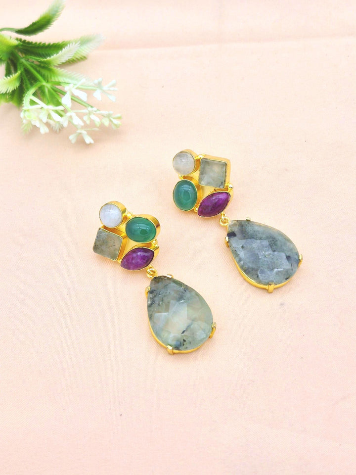 Amazing Gold Plated Dangle Earrings –Multi Color Semi Precious Stone Jewelry