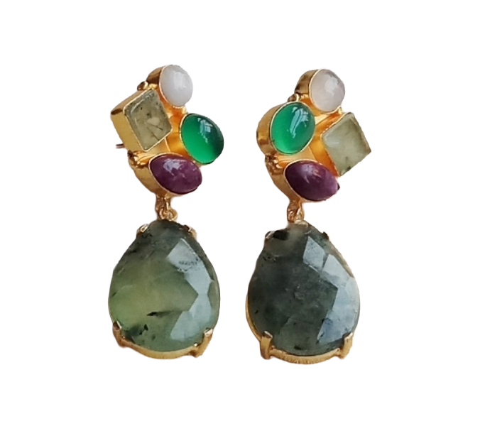 Amazing Gold Plated Dangle Earrings –Multi Color Semi Precious Stone Jewelry