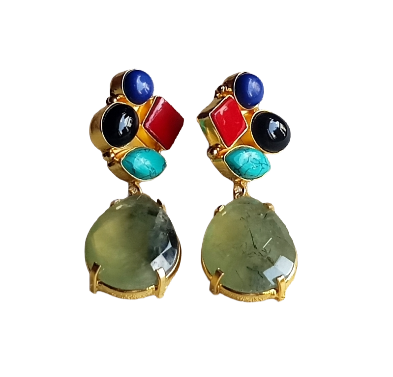 Amazing Gold Plated Dangle Earrings –Multi Color Semi Precious Stone Jewelry