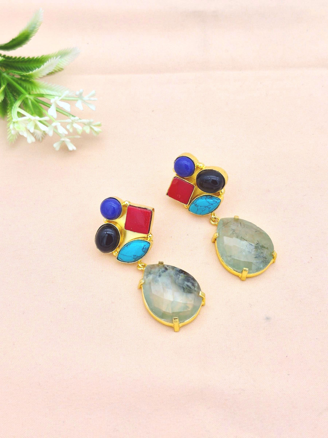 Amazing Gold Plated Dangle Earrings –Multi Color Semi Precious Stone Jewelry