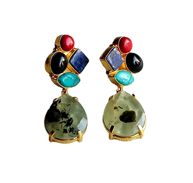 Amazing Gold Plated Dangle Earrings –Multi Color Semi Precious Stone Jewelry