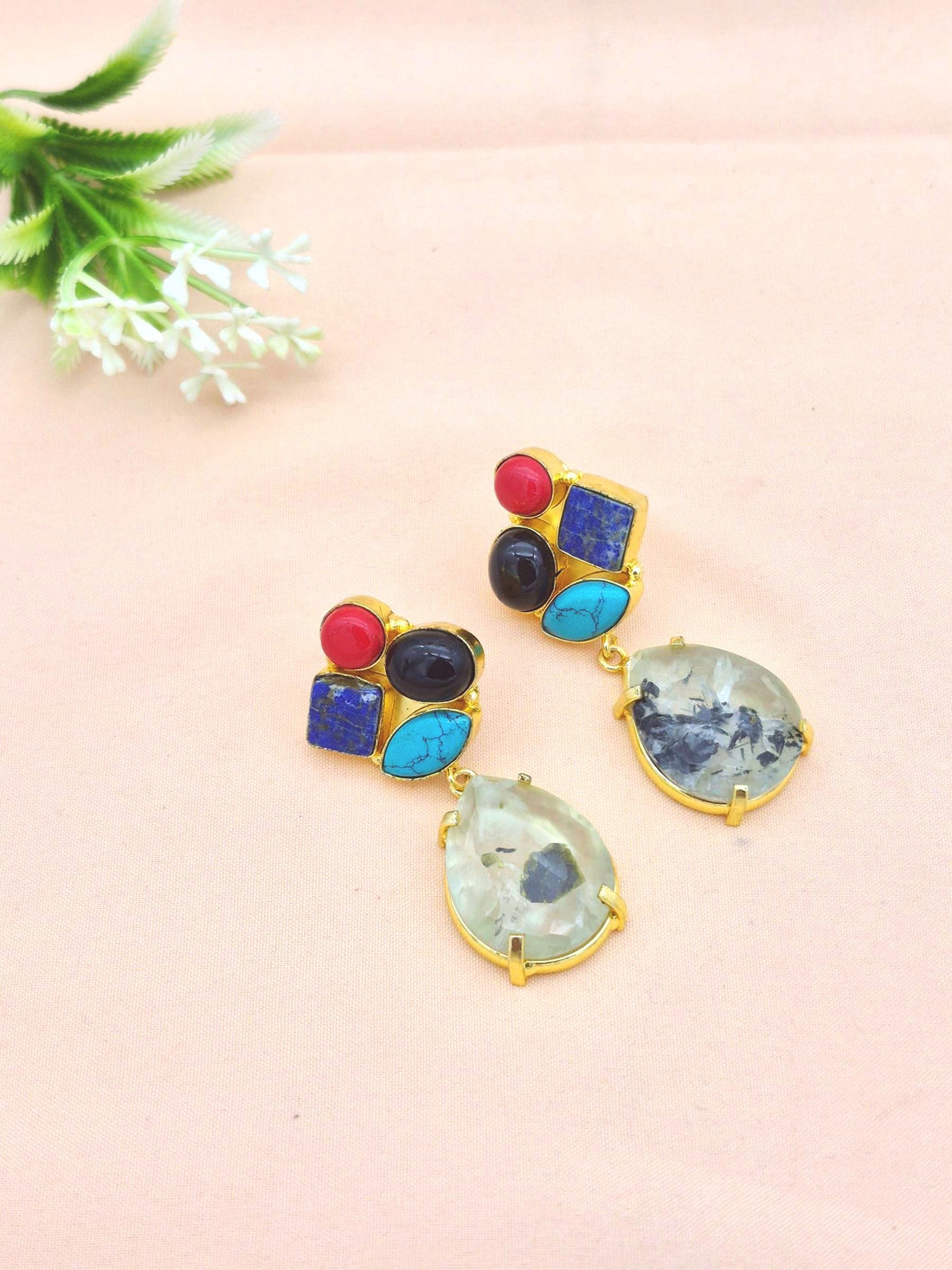 Amazing Gold Plated Dangle Earrings –Multi Color Semi Precious Stone Jewelry