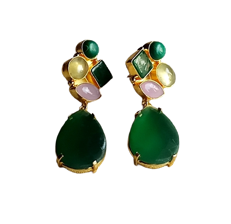 Handcrafted gold plated dangle earrings featuring green onyx and rose quartz semi precious stones
