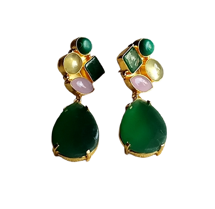 Handcrafted gold plated dangle earrings featuring green onyx and rose quartz semi precious stones
