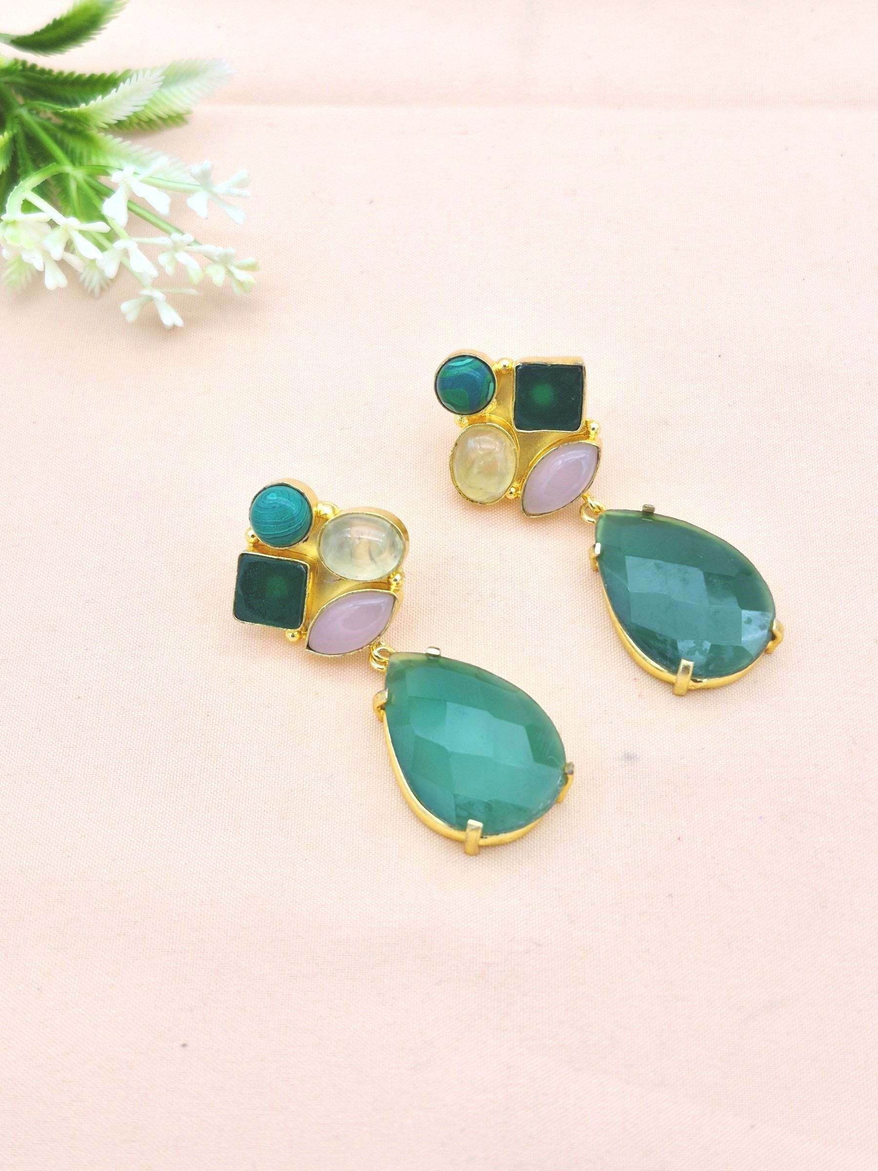 Handcrafted gold plated dangle earrings featuring green onyx and rose quartz semi precious stones
