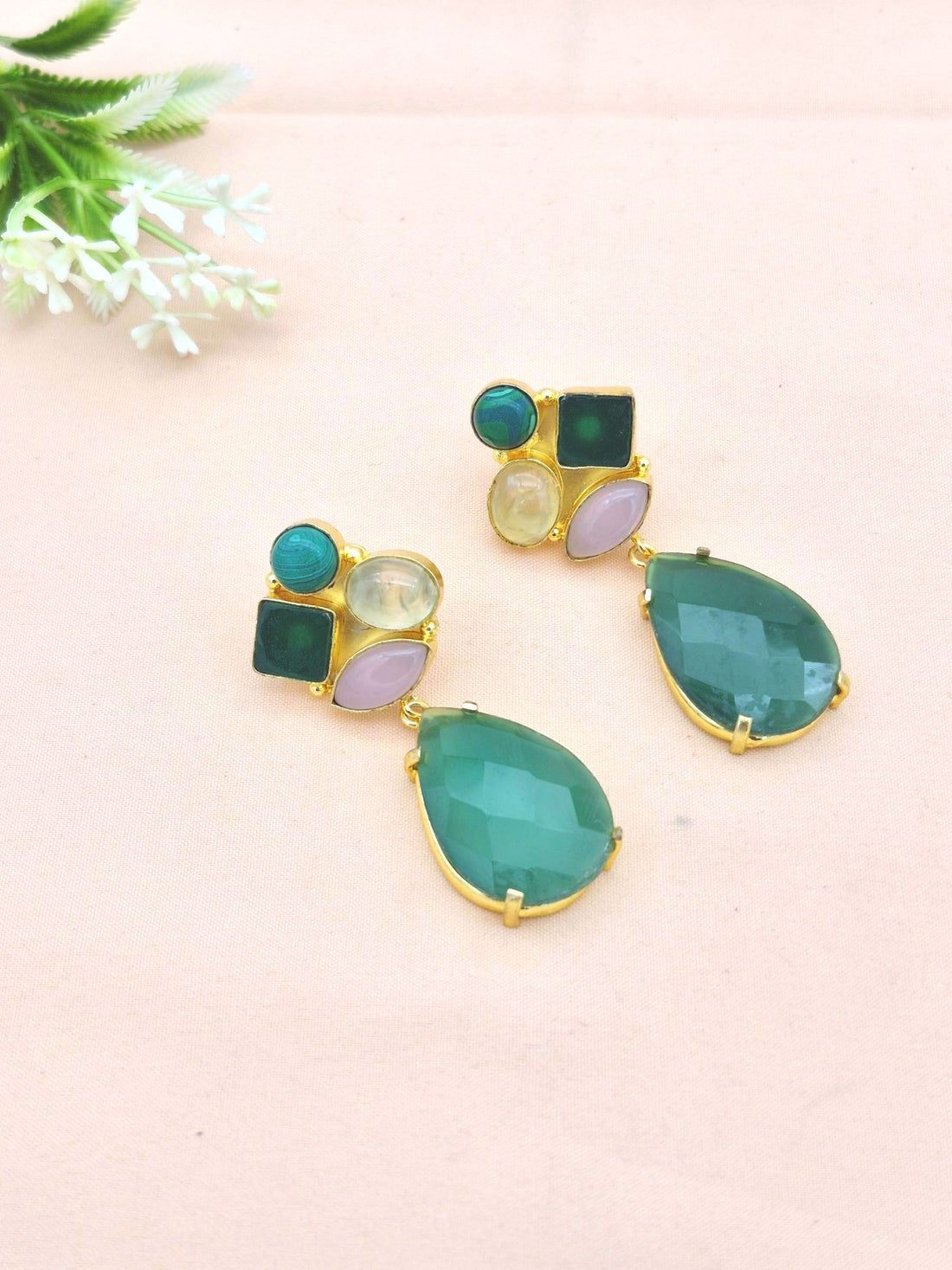 Handcrafted gold plated dangle earrings featuring green onyx and rose quartz semi precious stones
