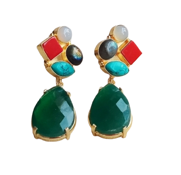 Amazing Gold Plated Dangle Earrings –Multi Color Semi Precious Stone Jewelry