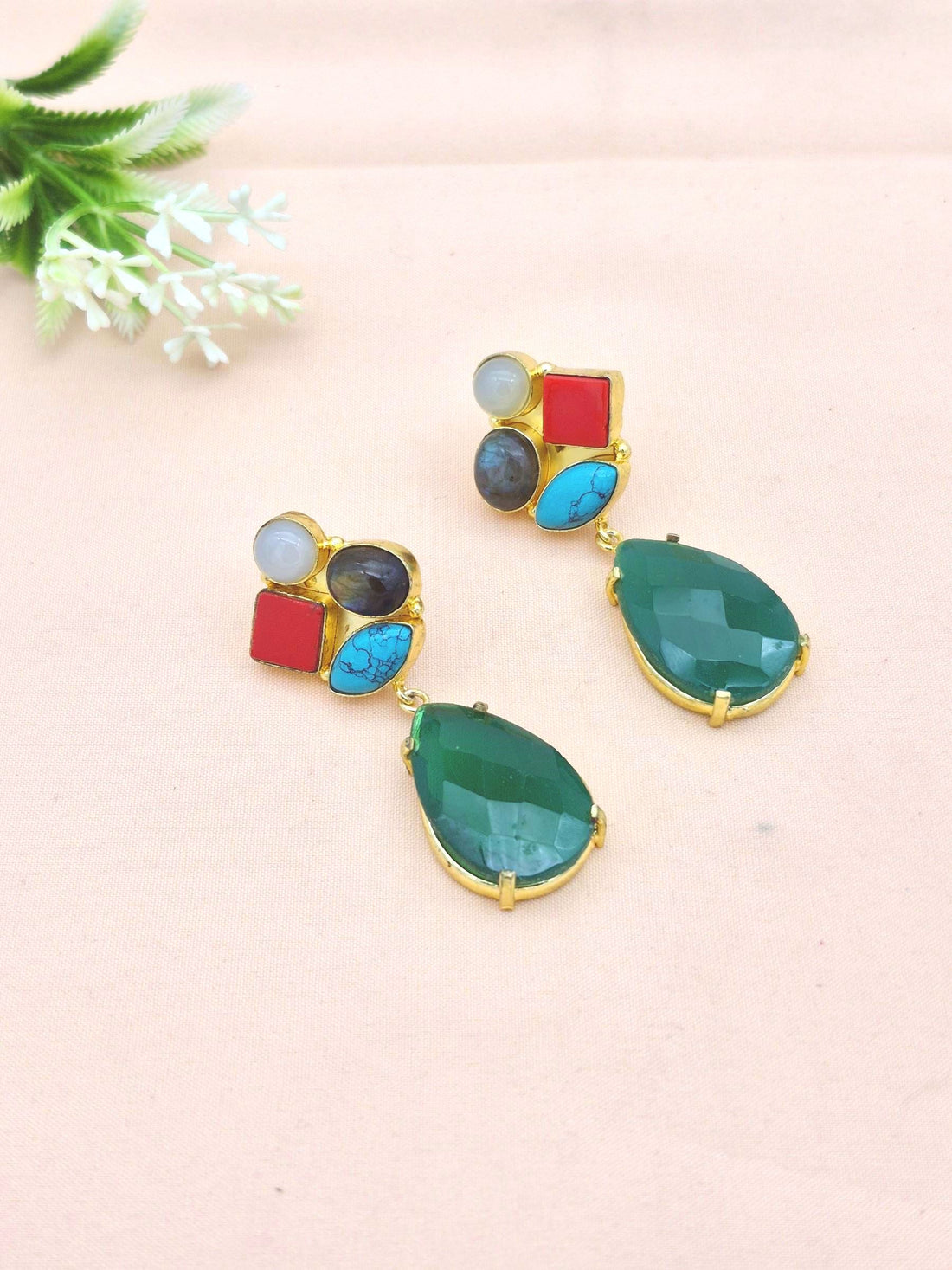 Amazing Gold Plated Dangle Earrings –Multi Color Semi Precious Stone Jewelry