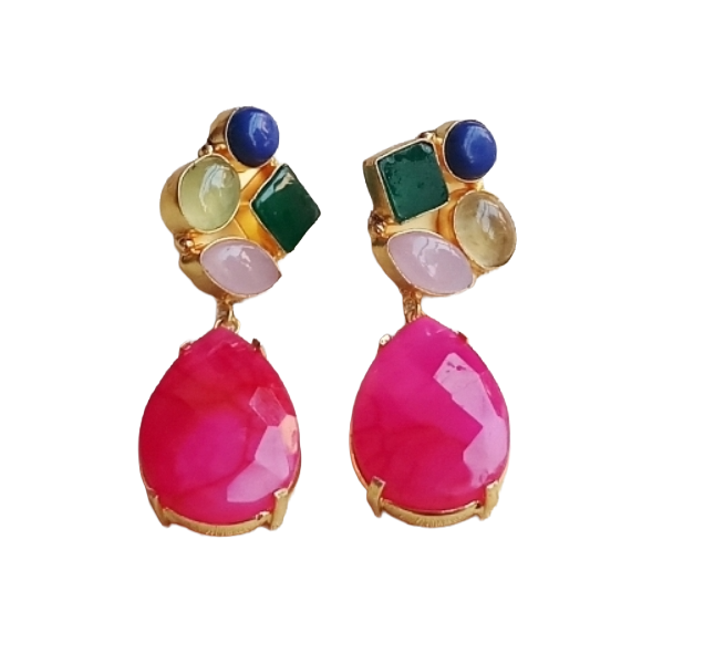 Amazing Gold Plated Dangle Earrings –Multi Color Semi Precious Stone Jewelry
