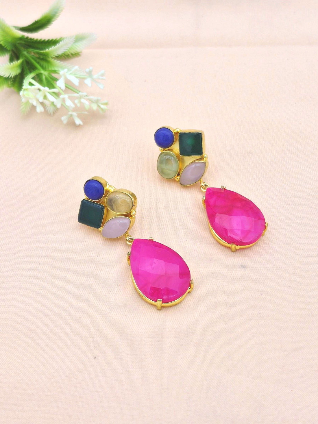 Amazing Gold Plated Dangle Earrings –Multi Color Semi Precious Stone Jewelry