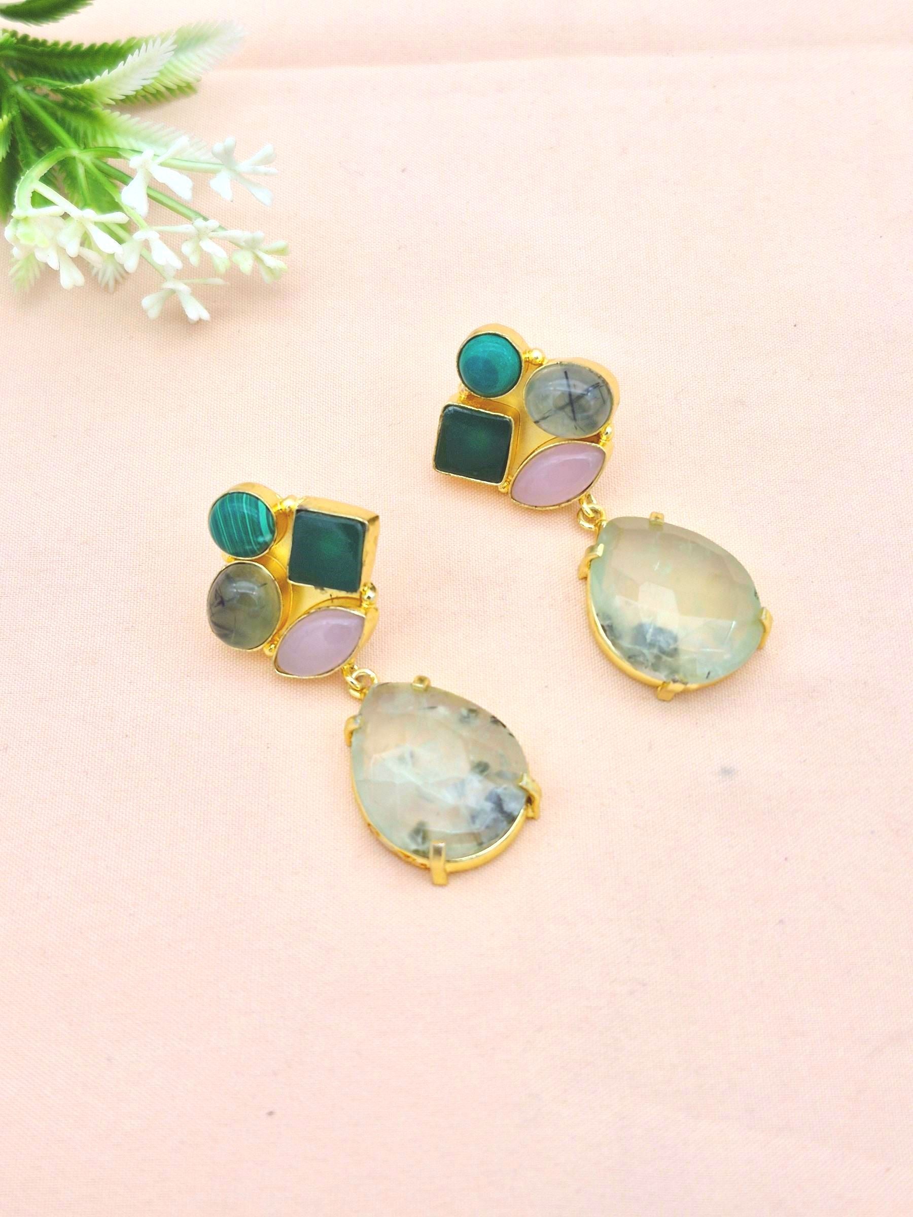 Amazing Gold Plated Dangle Earrings –Multi Color Semi Precious Stone Jewelry