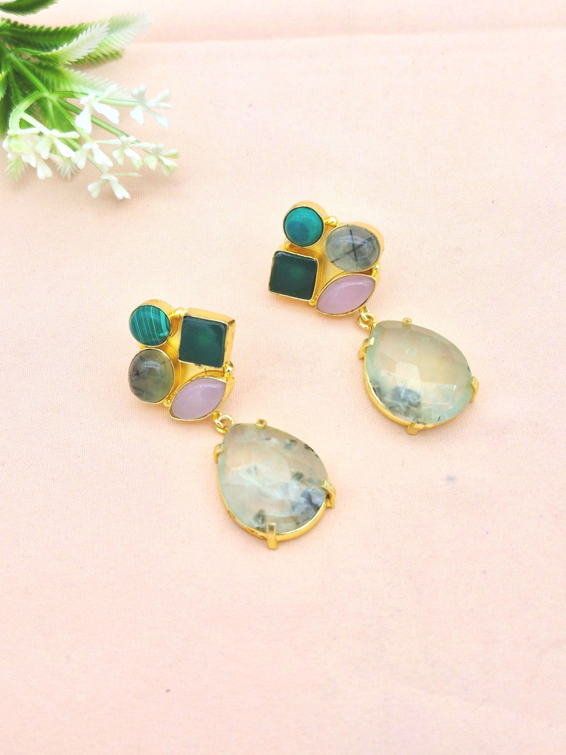 Amazing Gold Plated Dangle Earrings –Multi Color Semi Precious Stone Jewelry