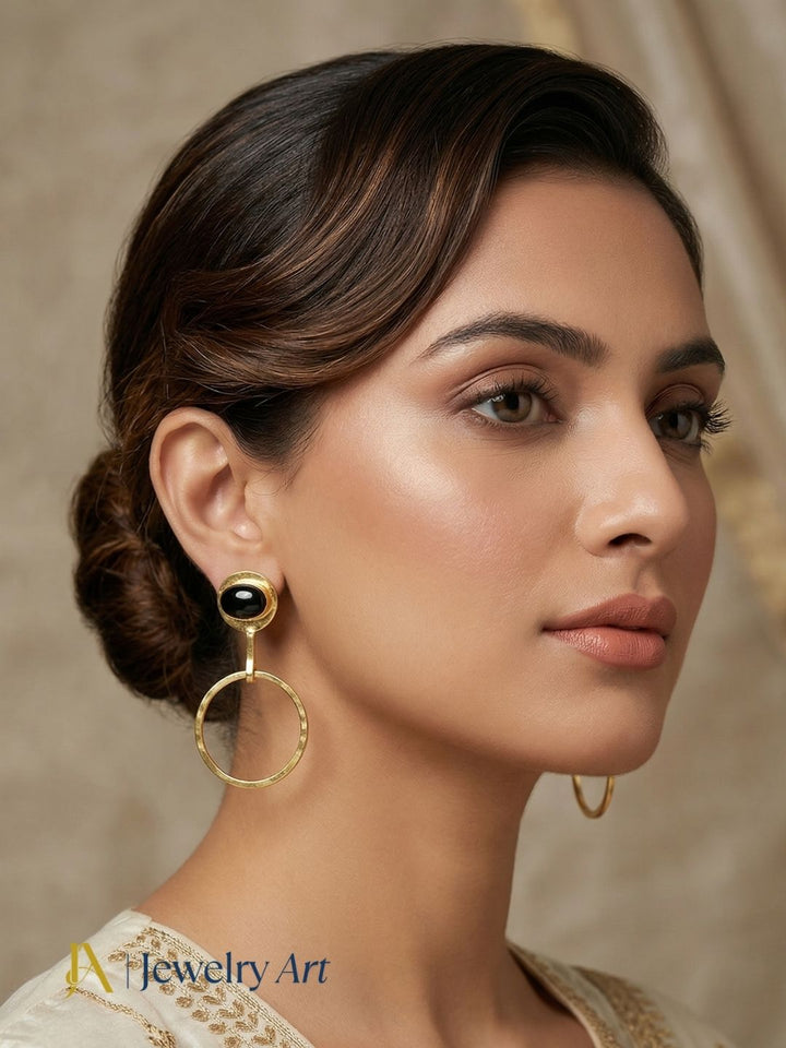 Charming Gold Plated Dangle Earring -Black Onyx stone Handcrafted Geometrical Jewelry