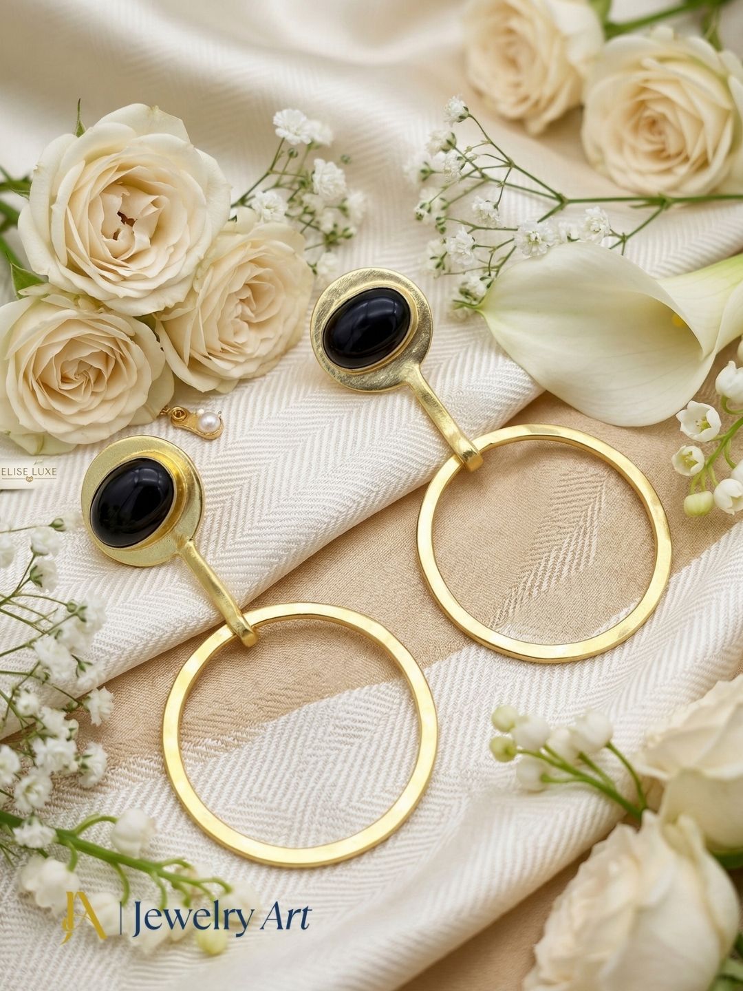 Charming Gold Plated Dangle Earring -Black Onyx stone Handcrafted Geometrical Jewelry