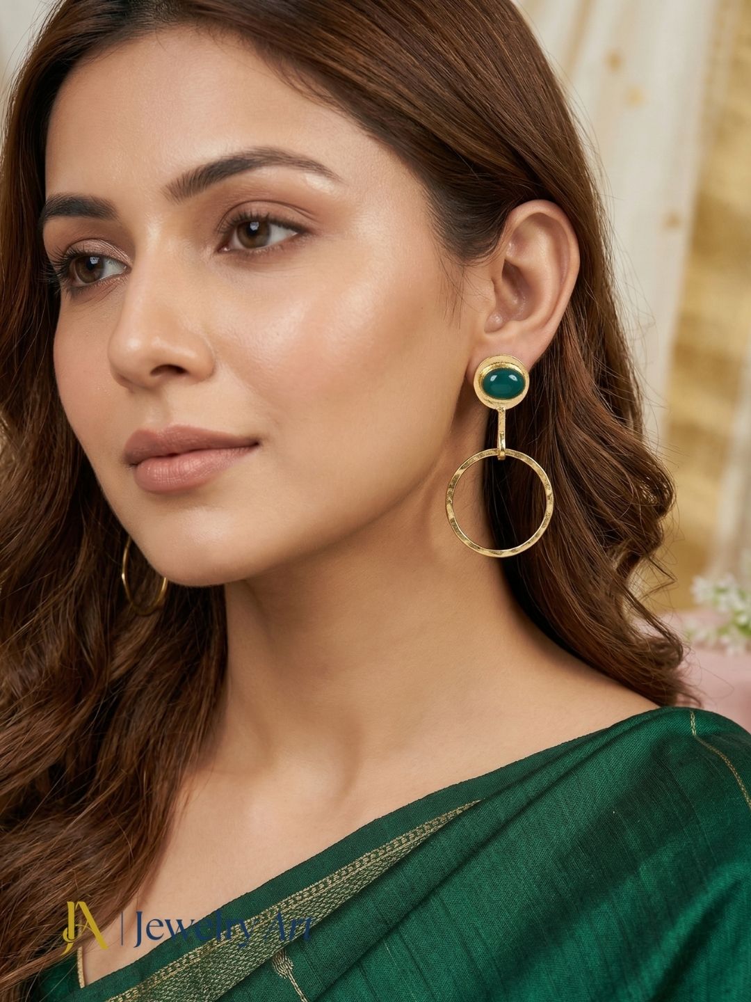 Charming Gold Plated Dangle Earring -Green Onyx Gemstone Geometrical  Handcrafted Jewelry