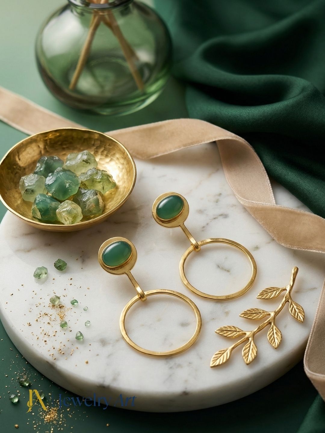 Charming Gold Plated Dangle Earring -Green Onyx Gemstone Geometrical  Handcrafted Jewelry