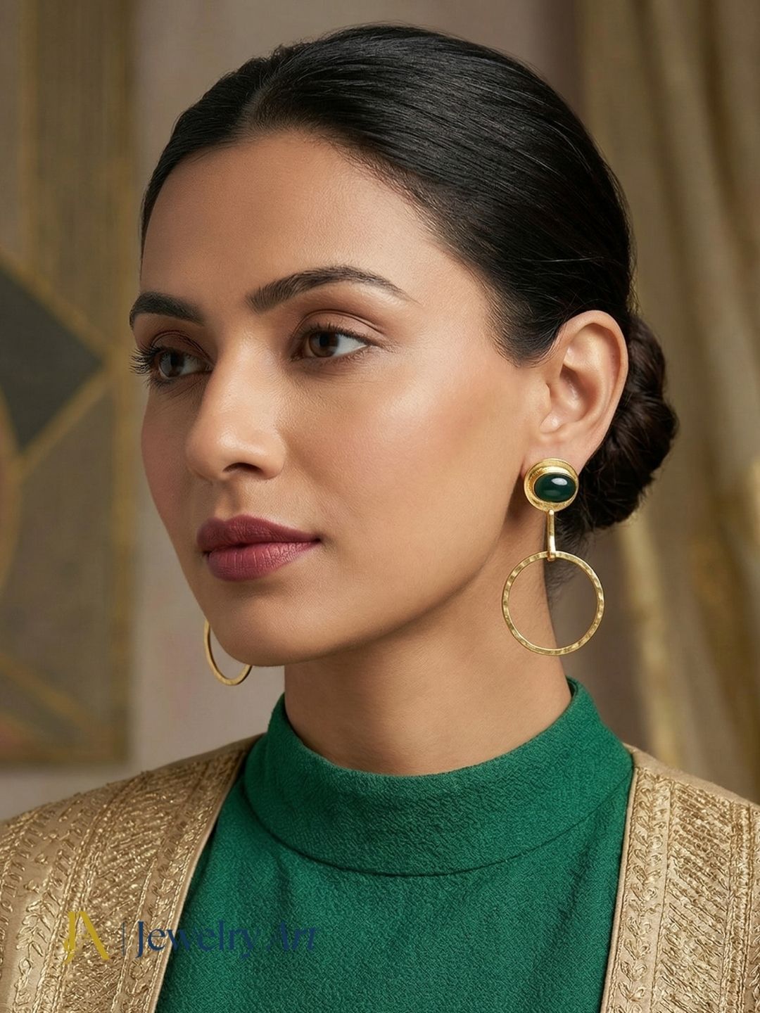 Charming Gold Plated Dangle Earring -Dark Green Onyx Gemstone Geometrical  Handcrafted Jewelry