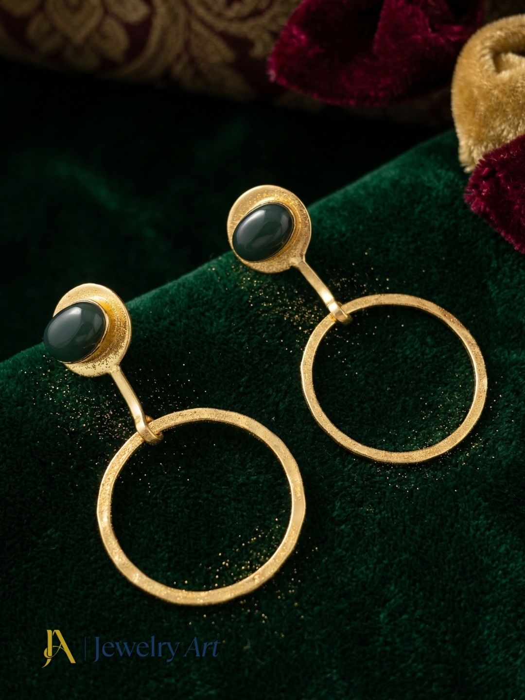 Charming Gold Plated Dangle Earring -Dark Green Onyx Gemstone Geometrical  Handcrafted Jewelry