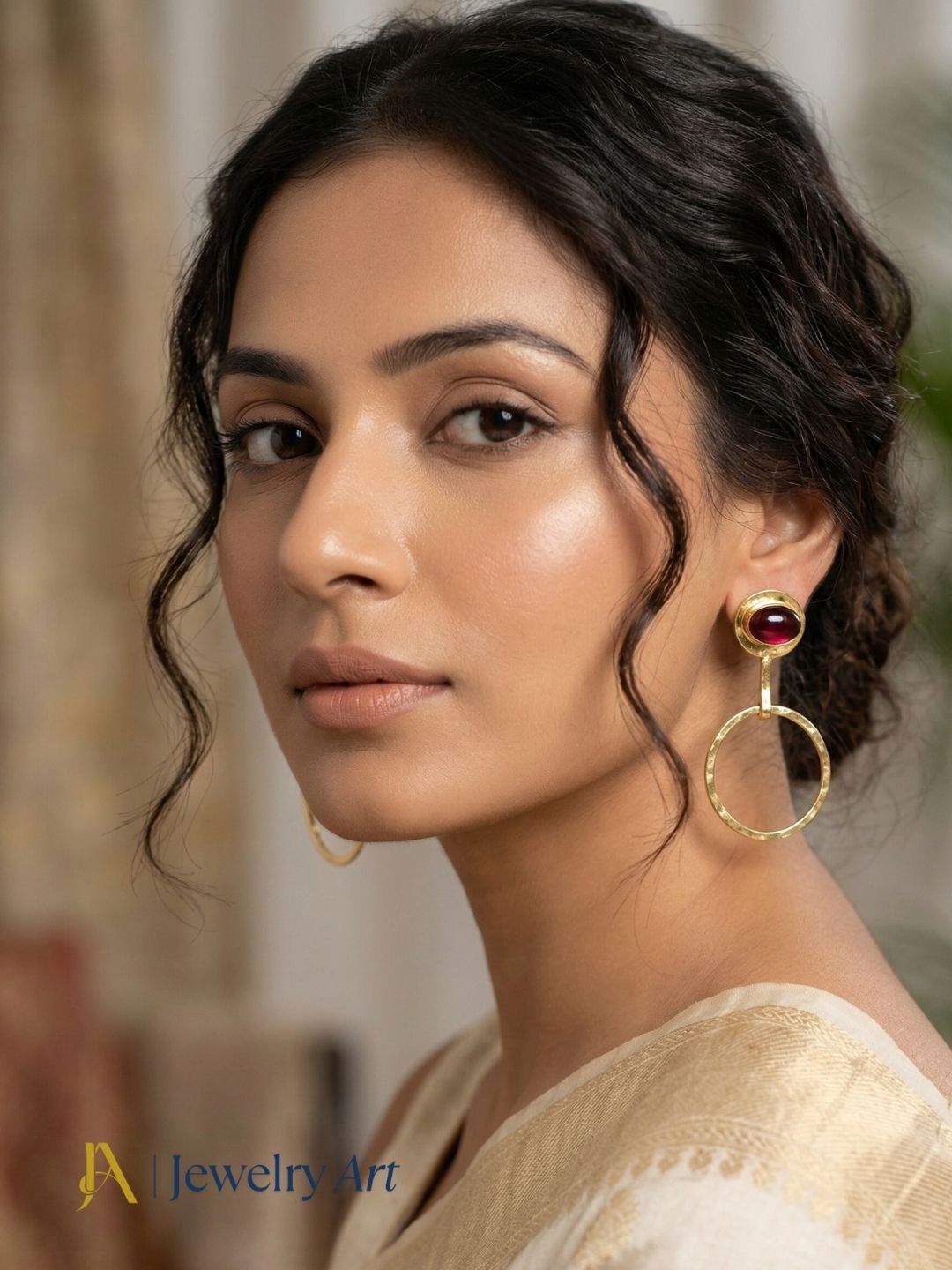 Charming Gold Plated Dangle Earring -Red Glass stone Handcrafted Geometrical Jewelry