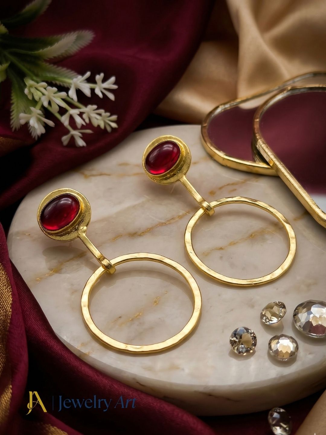 Charming Gold Plated Dangle Earring -Red Glass stone Handcrafted Geometrical Jewelry
