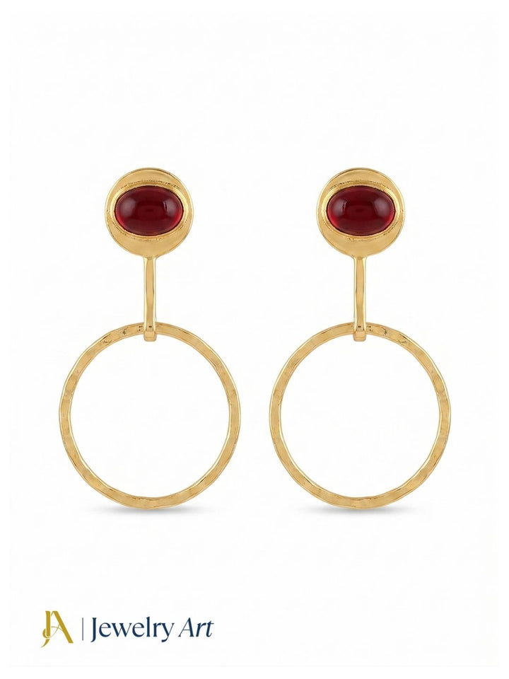 Charming Gold Plated Dangle Earring -Red Glass stone Handcrafted Geometrical Jewelry