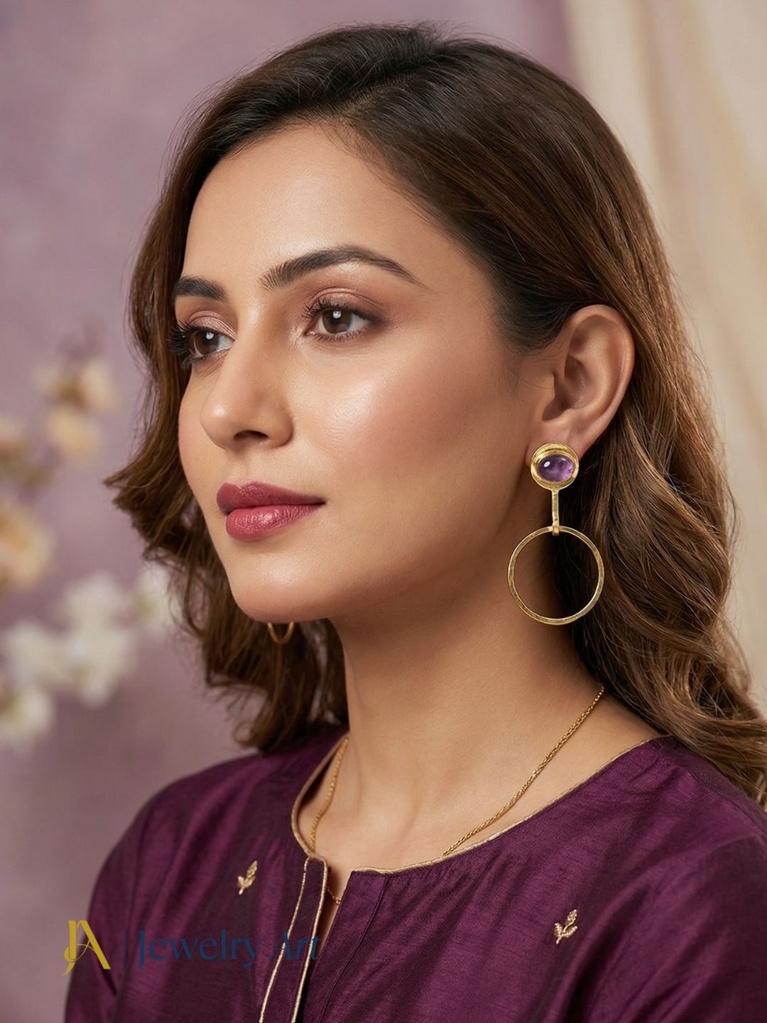 Charming Gold Plated Dangle Earring -Amethyst Gemstone Handcrafted Geometrical Jewelry