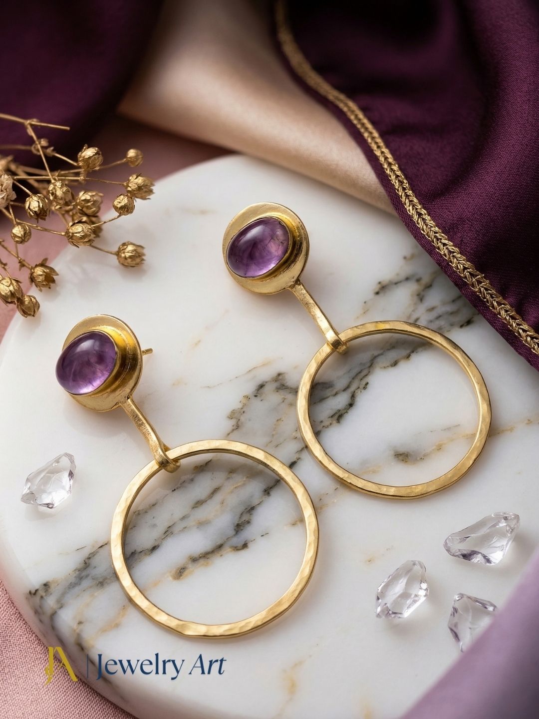Charming Gold Plated Dangle Earring -Amethyst Gemstone Handcrafted Geometrical Jewelry