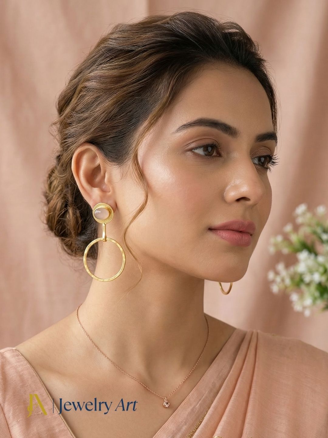 Charming Gold Plated Dangle Earring -Rose Quartz Gemstone Geometrical  Handcrafted Jewelry