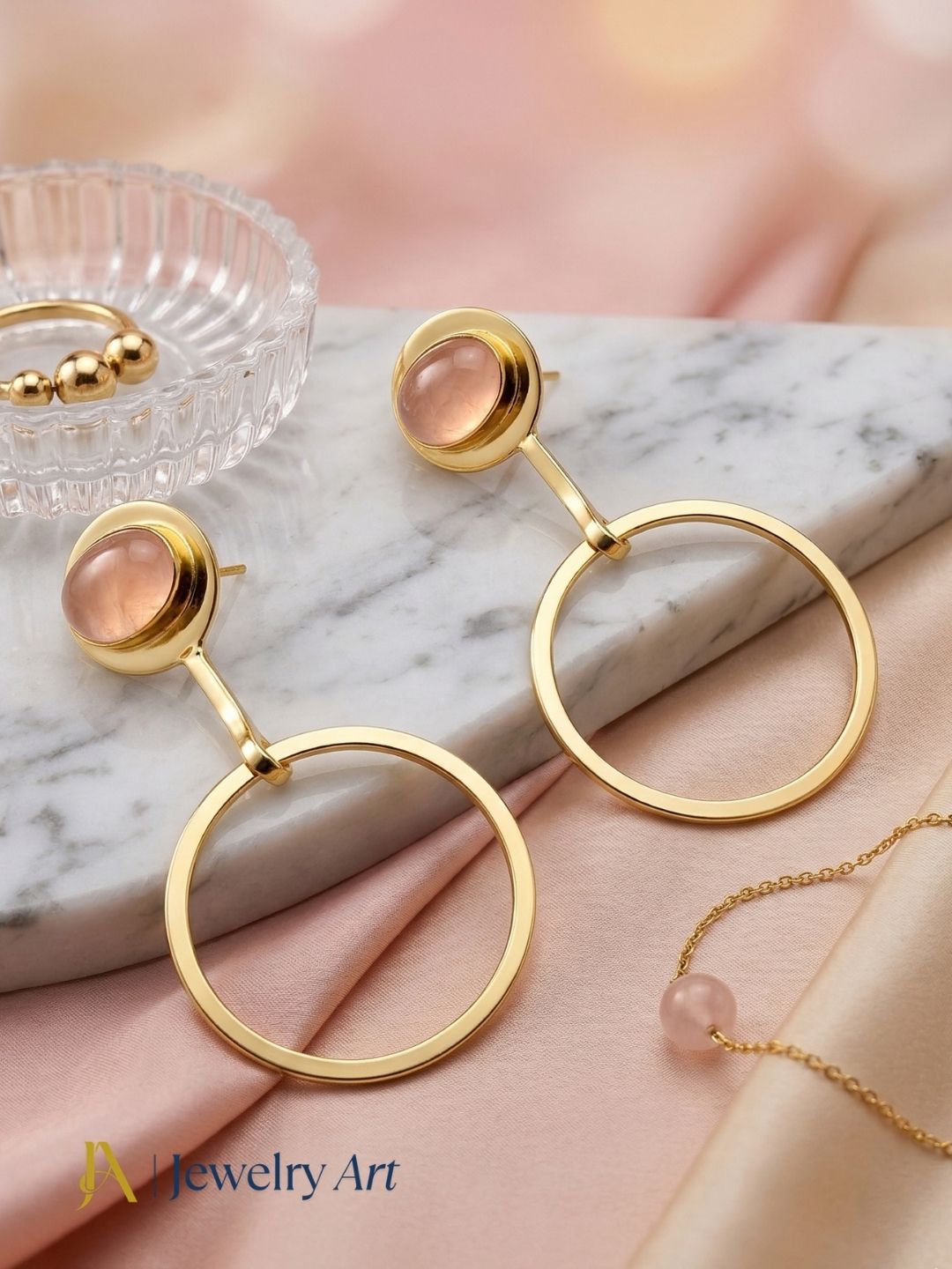 Charming Gold Plated Dangle Earring -Rose Quartz Gemstone Geometrical  Handcrafted Jewelry