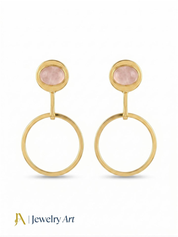 Charming Gold Plated Dangle Earring -Rose Quartz Gemstone Geometrical  Handcrafted Jewelry