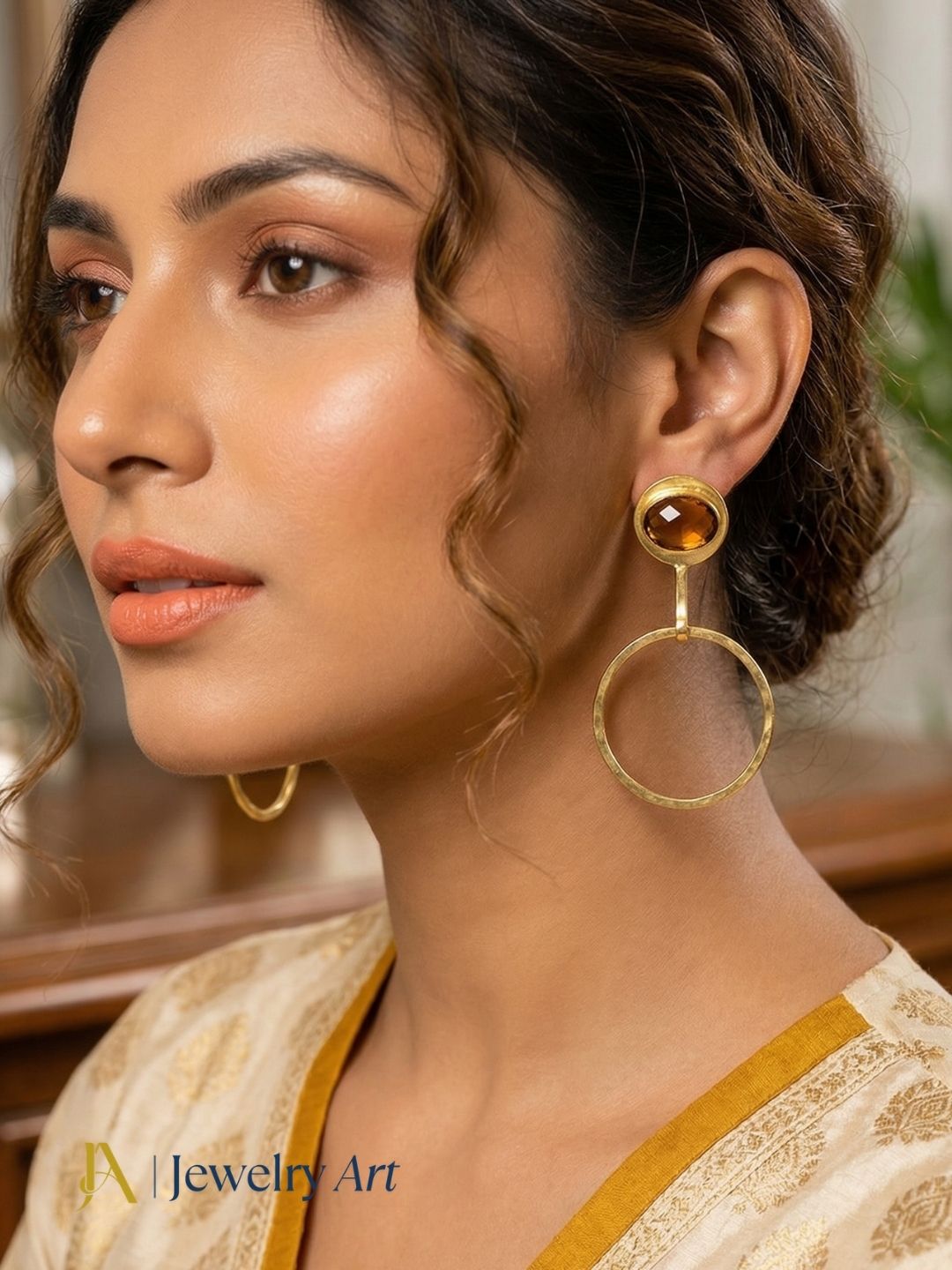 Charming Gold Plated Dangle Earring -Yellow Chalcedony Gemstone Geometrical  Handcrafted Jewelry