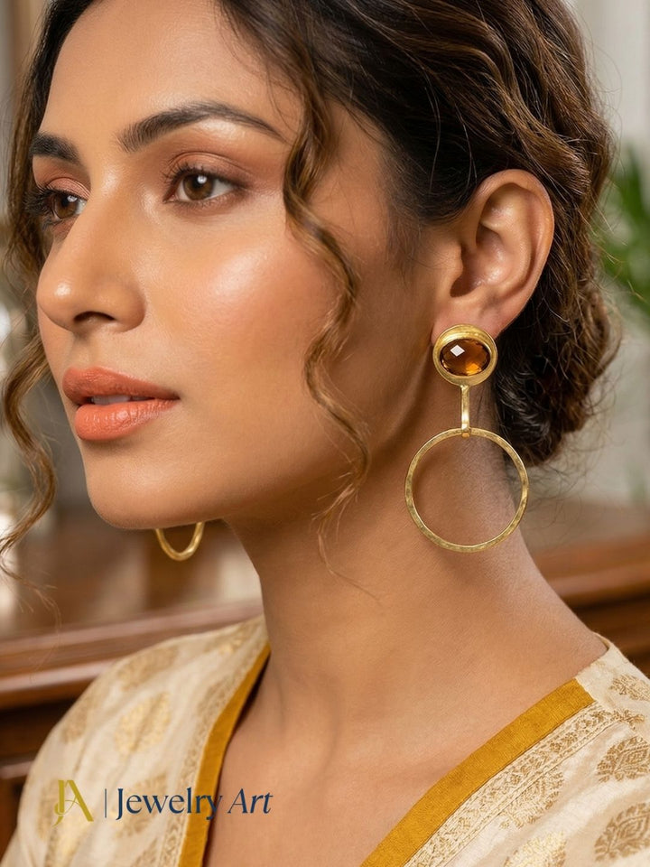 Charming Gold Plated Dangle Earring -Yellow Chalcedony Gemstone Geometrical  Handcrafted Jewelry