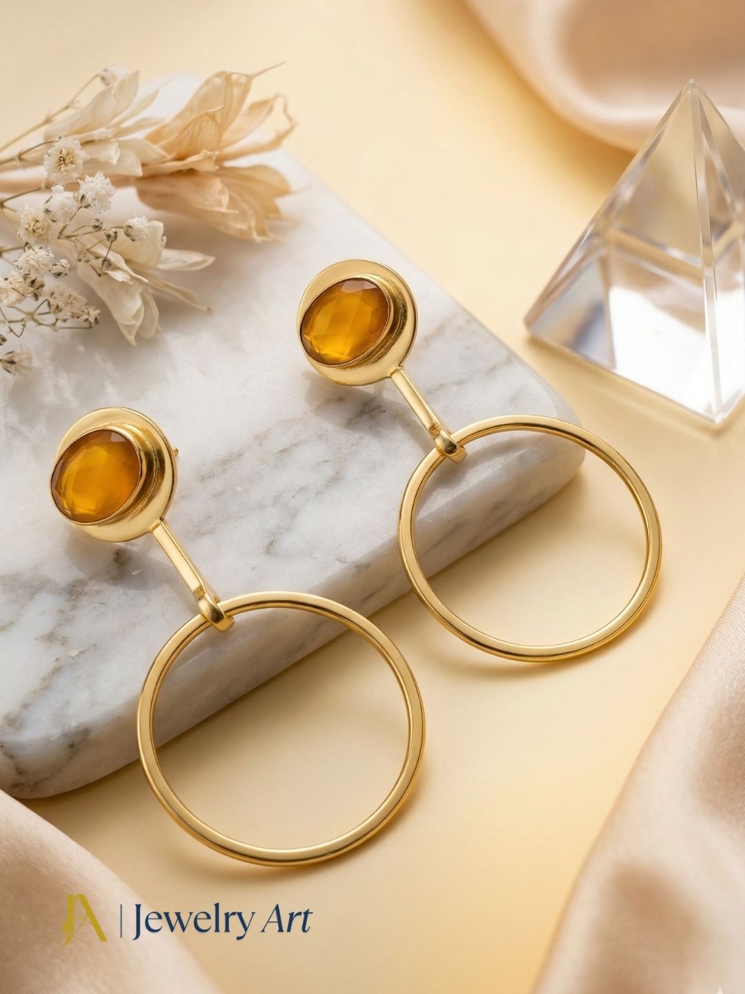 Charming Gold Plated Dangle Earring -Yellow Chalcedony Gemstone Geometrical  Handcrafted Jewelry