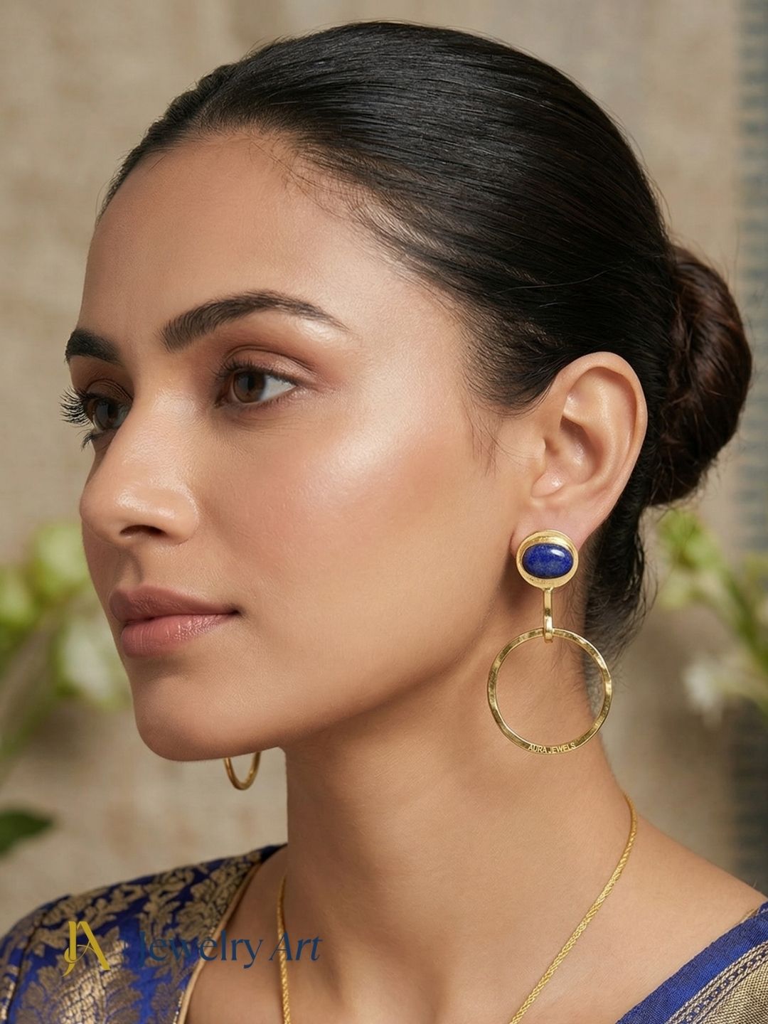 Charming Gold Plated Dangle Earring -Lapis Lazuli Gemstone Geometrical  Handcrafted Jewelry