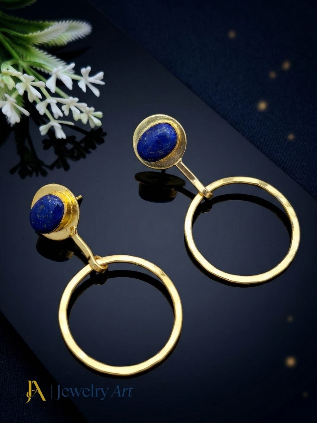 Charming Gold Plated Dangle Earring -Lapis Lazuli Gemstone Geometrical  Handcrafted Jewelry