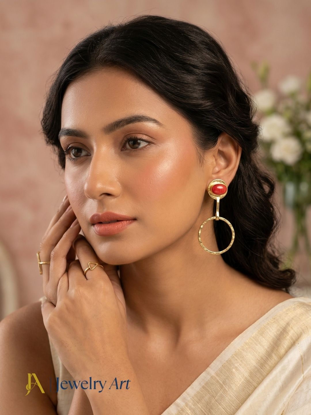 Charming Gold Plated Dangle Earring -Coral stone Geometrical  Handcrafted Jewelry