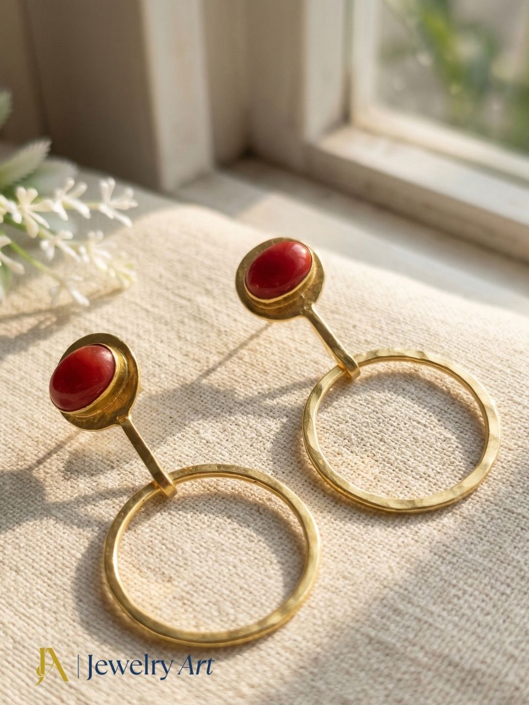 Charming Gold Plated Dangle Earring -Coral stone Geometrical  Handcrafted Jewelry