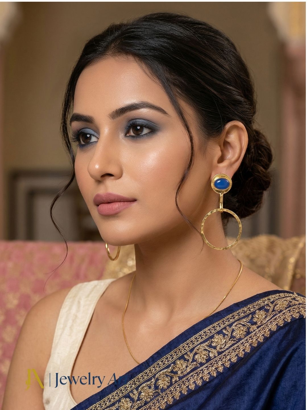 Charming Gold Plated Dangle Earring -Blue Onyx Gemstone Geometrical  Handcrafted Jewelry