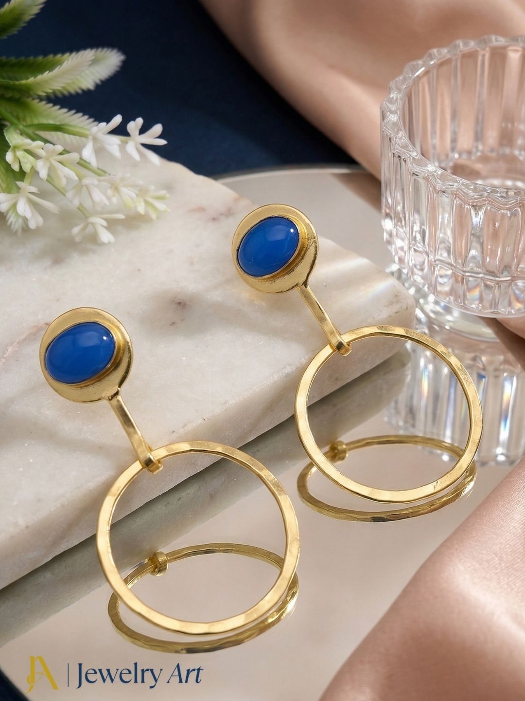 Charming Gold Plated Dangle Earring -Blue Onyx Gemstone Geometrical  Handcrafted Jewelry