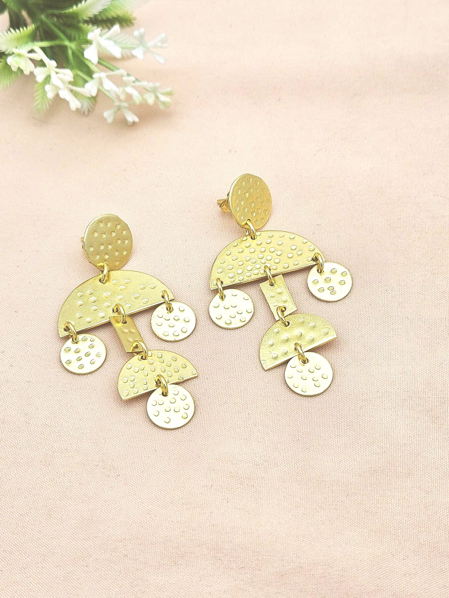 Artistic Gold Plated Hammered Designer Earrings – Handcrafted Elegant Dangles for Women