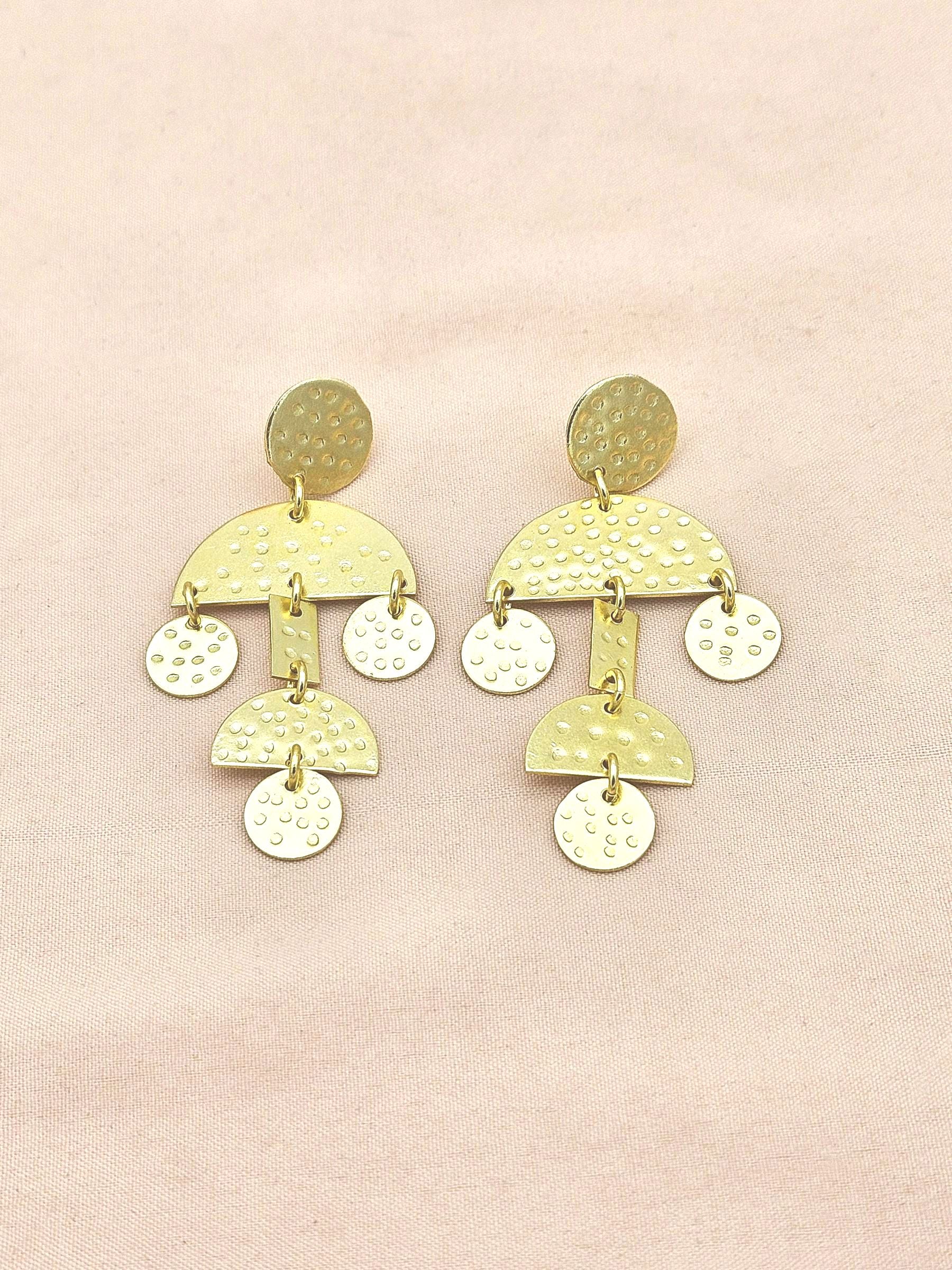 Artistic Gold Plated Hammered Designer Earrings – Handcrafted Elegant Dangles for Women