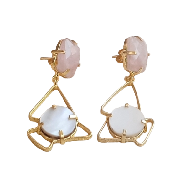 Gold Plated Rose Quartz-MOP Geometrical Earrings – Handmade Prong Designer Dangle Jewelry