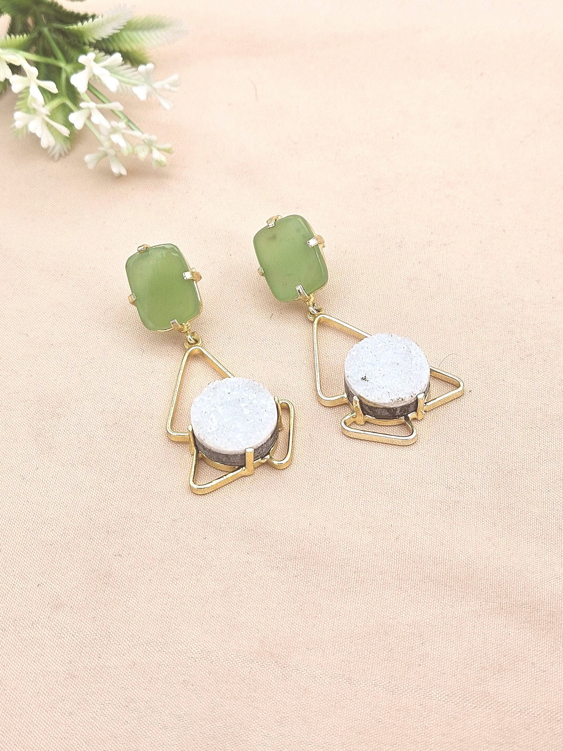 Elegant Handcrafted Chalcedony-Onyx Druzy Stone Gold Plated Earrings – Geometric Designer Drops