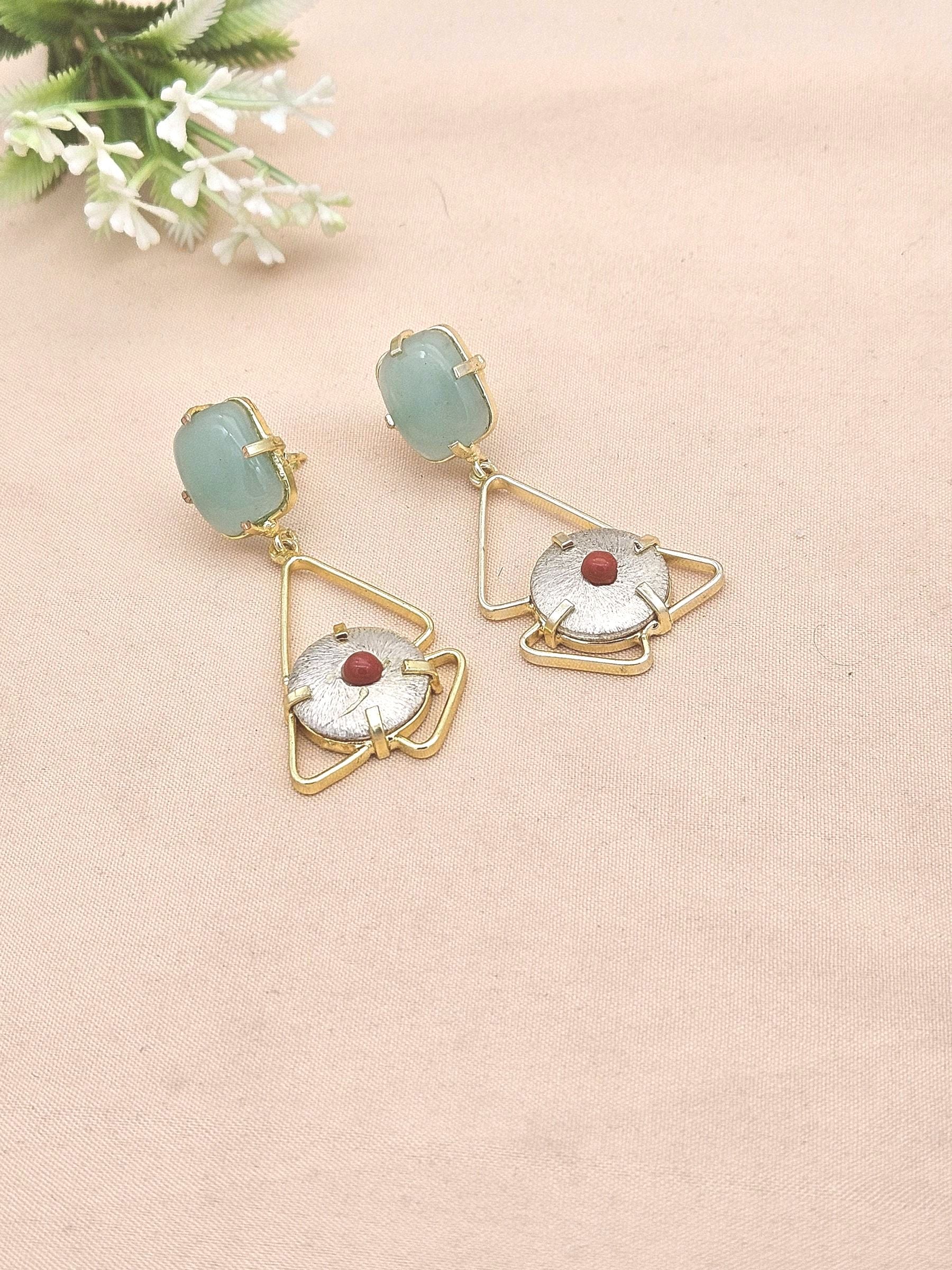 Stylish Handmade Chalcedony-Coral Geometrical Earrings – Gold Plated Women’s Fashion Jewelry