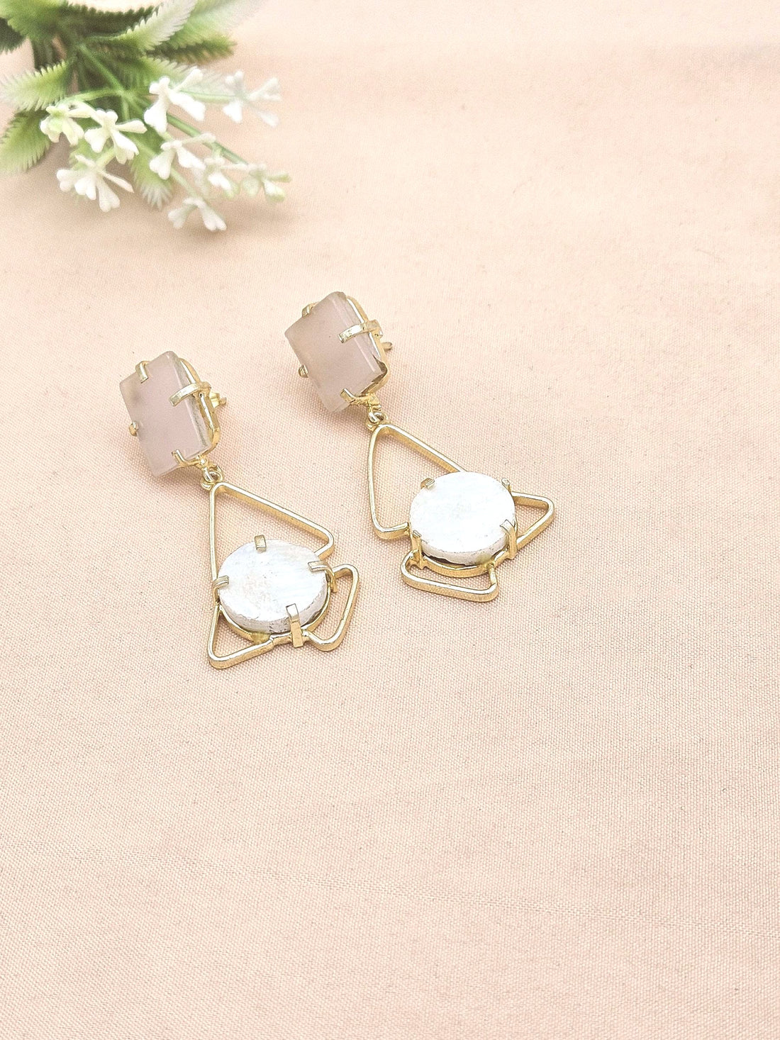 Gold Plated Rose Quartz-MOP Geometrical Earrings – Handmade Prong Designer Dangle Jewelry